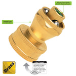 Angled brass Melnor MityMite Mini-Twist nozzle with infographic callouts and brass badge