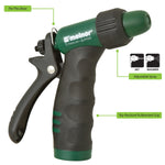 Melnor Titanium Series rear-trigger hose nozzle with labeled callouts for flo-thru base, adjustable spray, and rubberized grip.