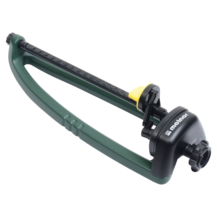 Green and black Melnor oscillating lawn sprinkler head on white background with hose connector