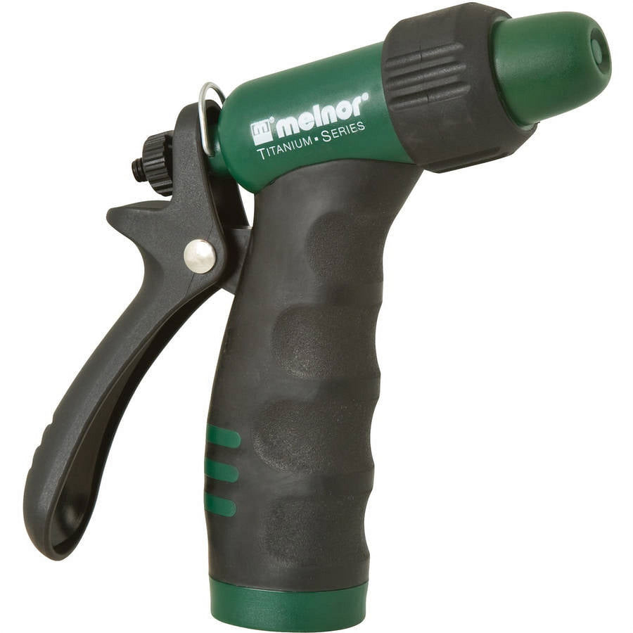 Green and black Melnor Titanium Series rear-trigger garden hose nozzle with rubberized grip.