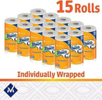 Fifteen individually wrapped Member's Mark paper towel rolls arranged in a group with '15 Rolls' and 'Individually Wrapped' text.