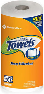 Close-up of a single Member's Mark Super Premium Towels roll in orange packaging showing 'Towels' logo and 'Mega Roll' badge.