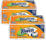 Two stacked Member's Mark Super Premium Towels multi-roll packs with bright orange packaging and product branding.