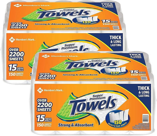 Two stacked Member's Mark Super Premium Towels multi-roll packs with bright orange packaging and product branding.