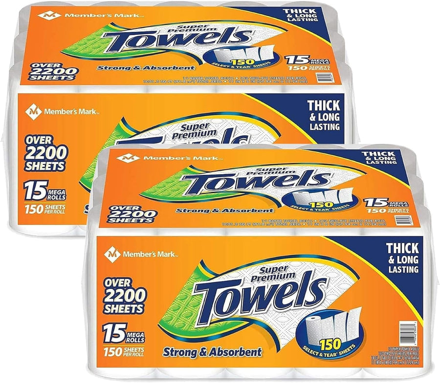 Two stacked Member's Mark Super Premium Towels multi-roll packs with bright orange packaging and product branding.