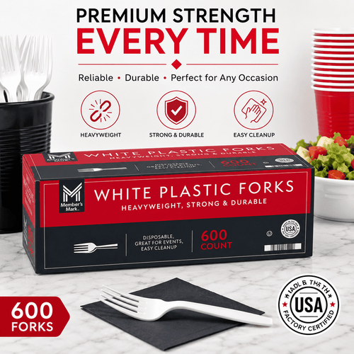 Box of Member's Mark white heavyweight plastic forks on a countertop with a single fork on a napkin and party cups nearby