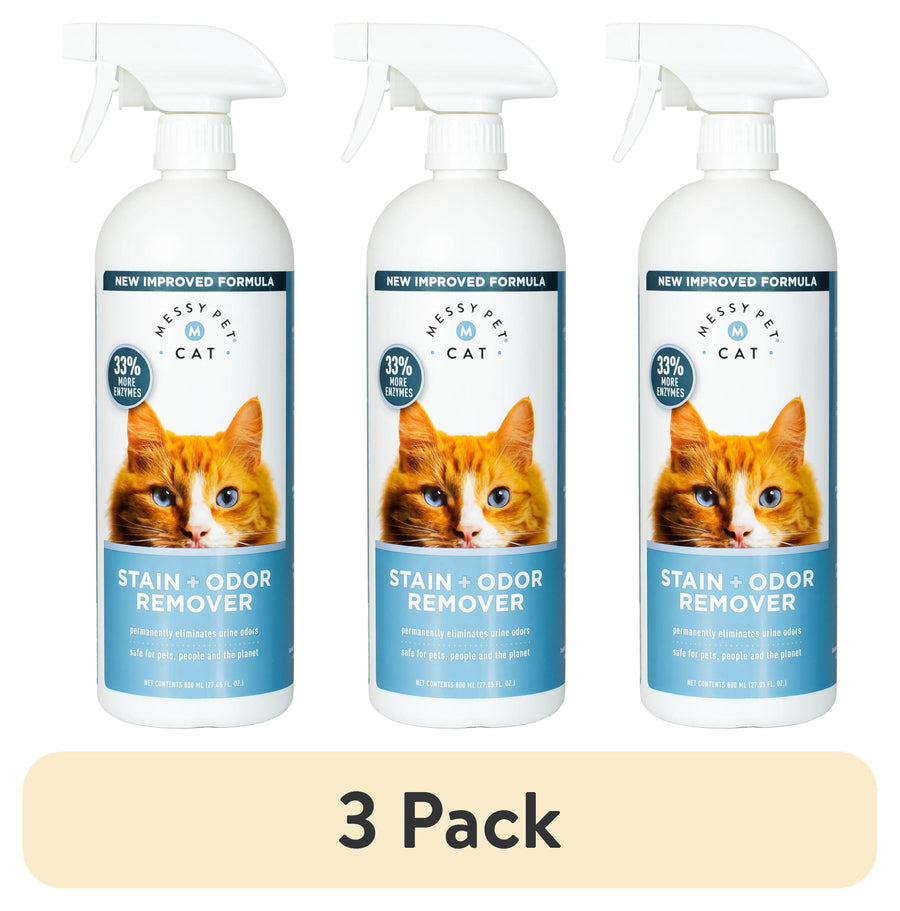 Three Messy Pet Cat Stain + Odor Remover spray bottles with blue labels and cat image, shown as a 3-pack