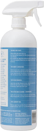Close-up of the back label and trigger sprayer of a Messy Pet Cat Stain + Odor Remover bottle showing usage instructions