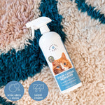Messy Pet Cat Stain + Odor Remover bottle photographed on a textured rug with two circular icon callouts