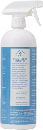 Side view of a Messy Pet Cat Stain + Odor Remover bottle showing product description and icons on blue panel