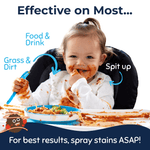Toddler covered in food sitting at a messy table with text pointing to stains like ‘Food & Drink’ and ‘Spit up’