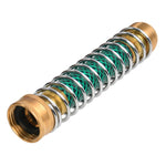 Angled view of a metal coiled spring hose connector showing brass fittings and green reinforced hose core