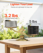 Comparison graphic showing metal garden hose on a scale labeled 3.2 lbs versus traditional black hose at 5 lbs, promoting lighter weight.