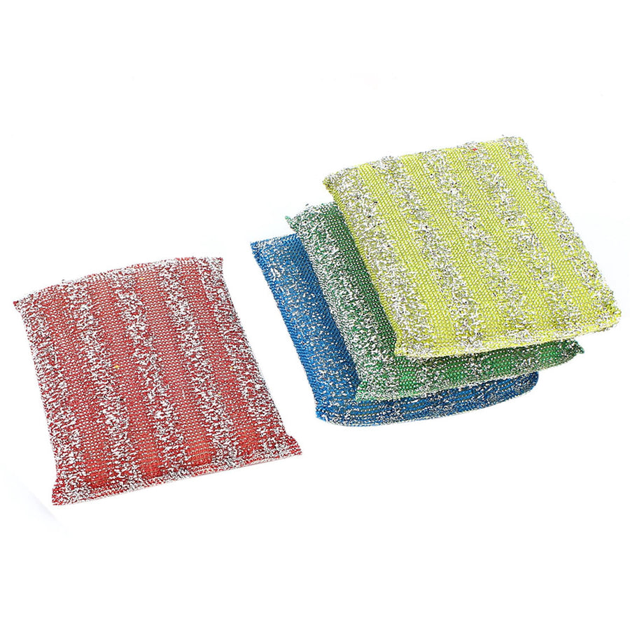 Four rectangular metallic scrub pads in red, blue, green and yellow stacked on white background