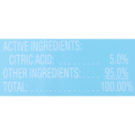Close-up label panel listing active ingredients showing 'citric acid: 5.0%' and 'other ingredients: 95.0%' on a light-blue background.