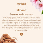 Method almond fragrance description card with text about scent and a small almond photo in the corner