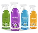 Four Method Antibac spray bottles in different colors and scents including citron shown side-by-side on a white background.