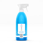 Rear view of a blue Method Antibac spearmint bathroom cleaner bottle showing back label and barcode with white trigger