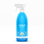Bright blue Method Antibac spearmint bathroom cleaner spray bottle with white trigger on a white background