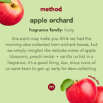 Green informational card labeled method apple orchard describing the fruity fragrance family with apple images
