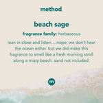 Graphic card for Method beach sage fragrance family describing scent as herbaceous with a beach wave image