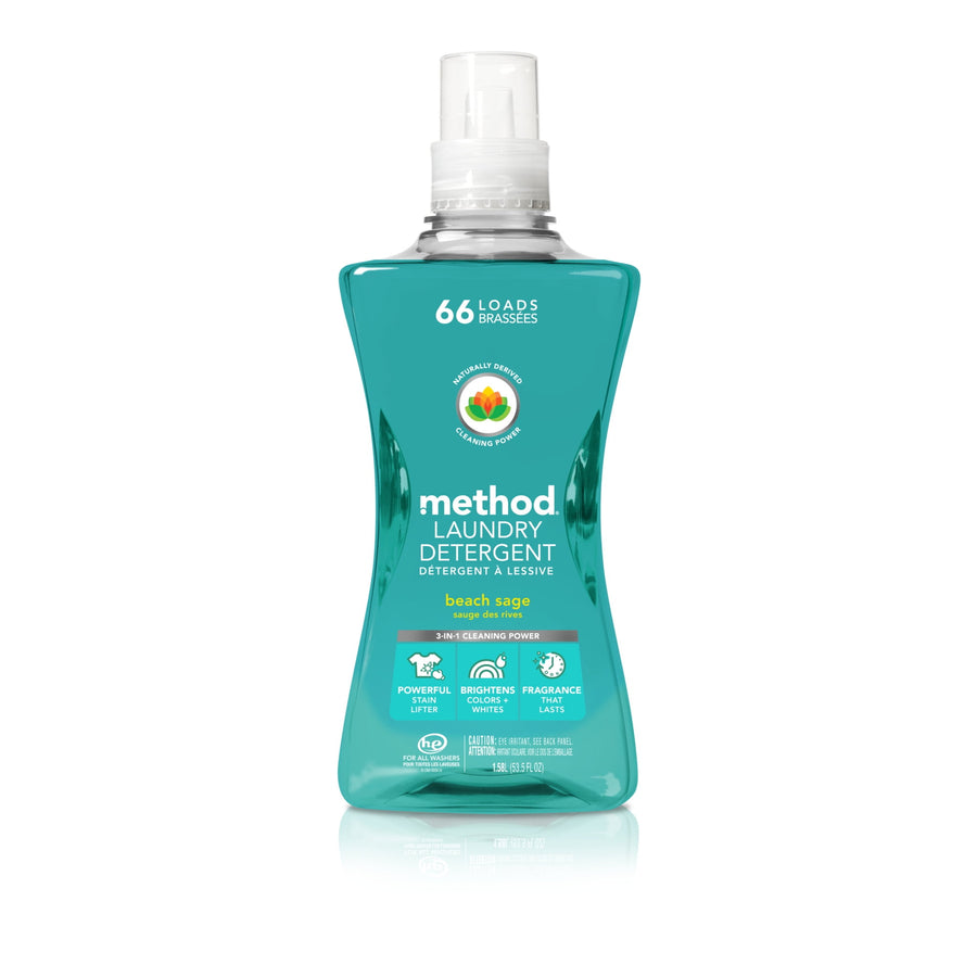 Teal Method beach sage liquid laundry detergent bottle with label reading 66 loads and brand name