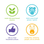 Four circular icons describing plant-based cleaners, grease removal, surface safety, and cruelty-free