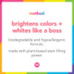 Square infographic with Method logo and bold text stating "brightens colors + whites like a boss" and supporting copy