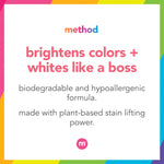 Square infographic with Method logo and bold text claiming it brightens colors and whites, plus biodegradable formula details.