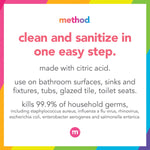 Square infographic card with colorful border reading clean and sanitize in one easy step and product usage details
