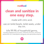 Square infographic reading 'clean and sanitize in one easy step.' with usage notes and Method logo in colorful bordered frame.