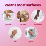 Graphic showing five circular photos of hands cleaning granite, wood, laminate, tile and glass with text ‘cleans most surfaces’