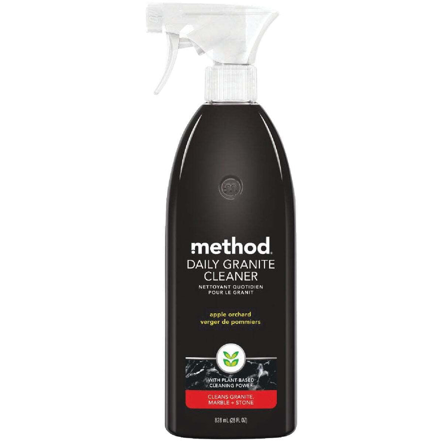 Method Daily Granite Cleaner spray bottle in black with apple orchard label and white trigger