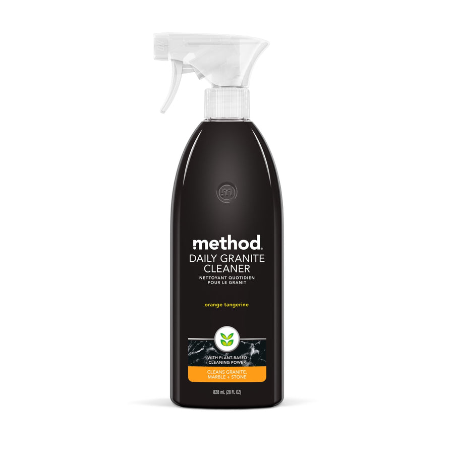 Method Daily Granite Cleaner spray bottle in dark label with orange tangerine scent badge on a white background.