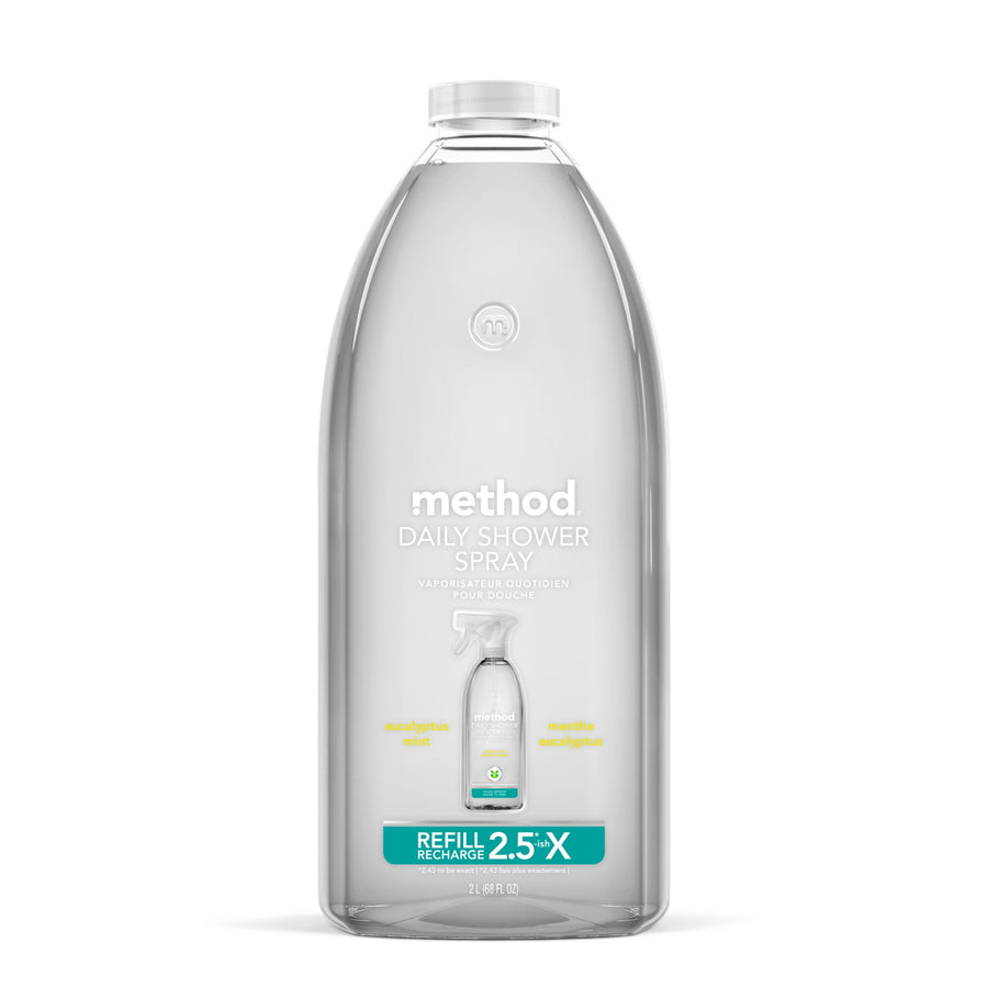 Clear Method refill bottle labeled Daily Shower Spray with small product image and refill badge on white background.