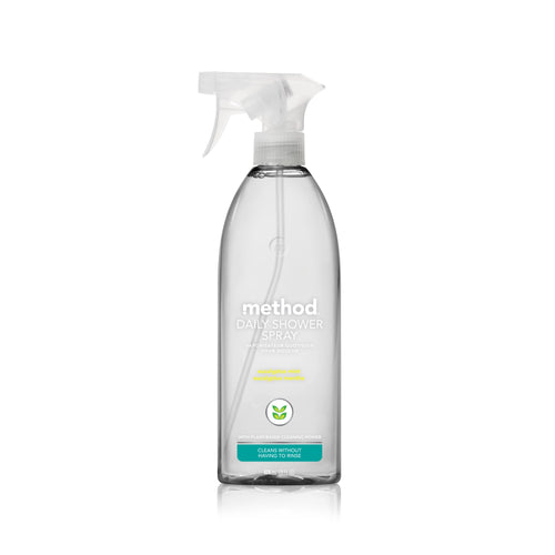 Single clear Method Daily Shower spray bottle with white trigger and label visible on white background