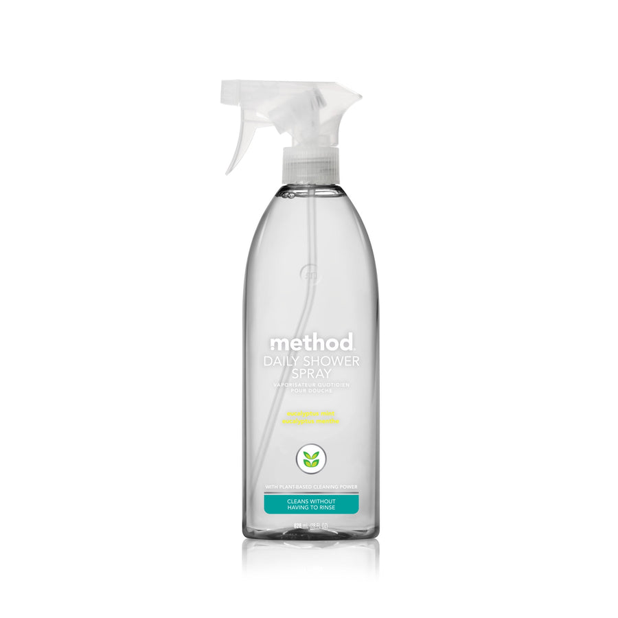 Single clear Method Daily Shower spray bottle with white trigger and label visible on white background