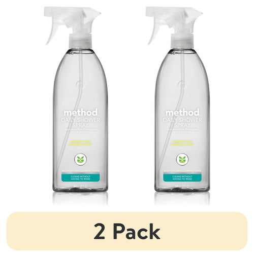 Two clear Method Daily Shower Spray bottles with trigger tops side by side and a “2 Pack” label beneath.