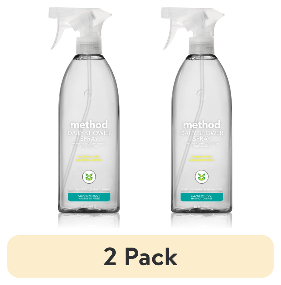 Two clear Method Daily Shower Spray bottles with trigger tops side by side and a “2 Pack” label beneath.