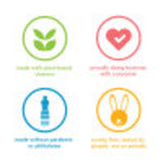 Four colorful circular icon badges showing plant-based, cruelty-free and recycling messaging, styled for Method branding.