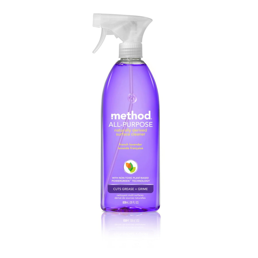 Single purple Method all-purpose cleaner spray bottle labeled French lavender on a white background with reflective shadow.