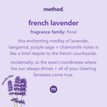 Lavender-colored informational card from Method describing 'french lavender' fragrance family with a short descriptive paragraph and lavender graphic.