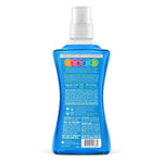 Rear view of a blue Method laundry detergent bottle showing the ingredients and usage label text and barcode.