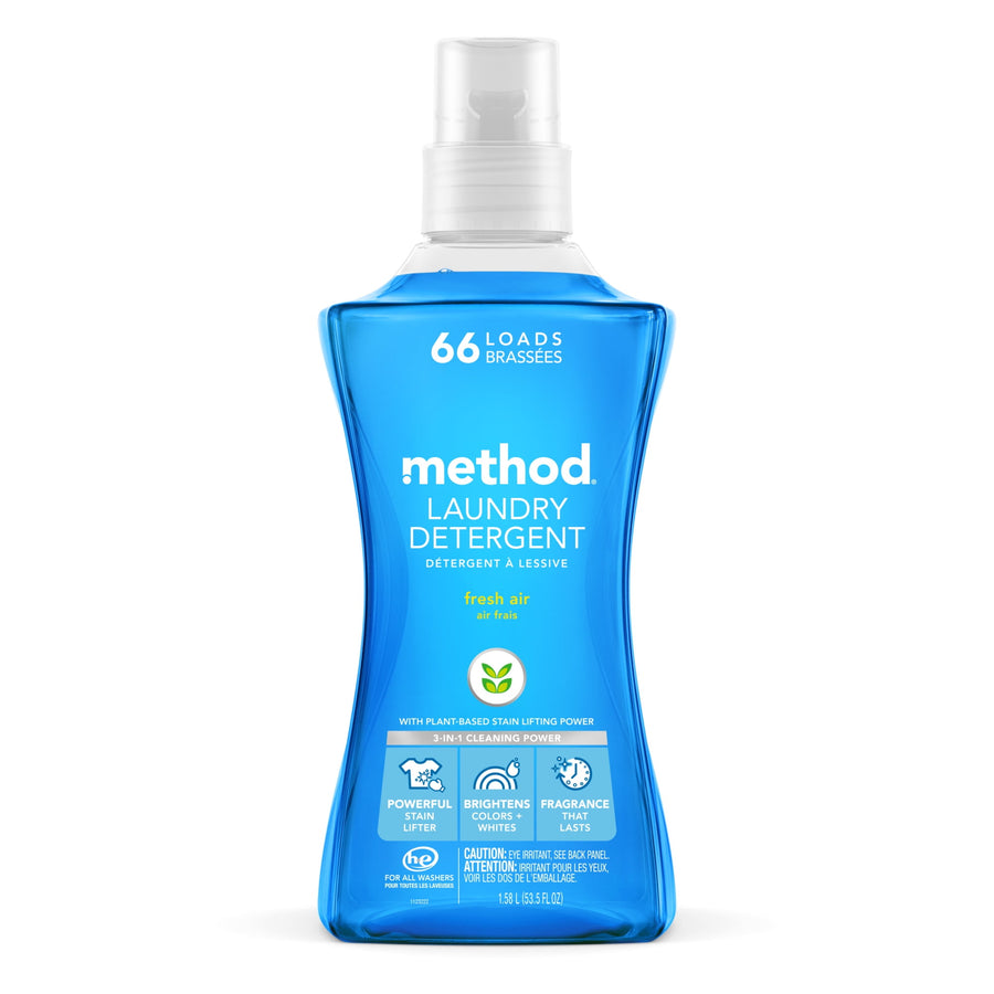 Blue Method Fresh Air laundry detergent bottle front view with clear cap and visible label text and icons.