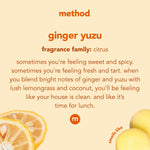 Cream-colored infographic card with Method branding describing ginger yuzu scent and citrus fragrance family