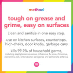 Square infographic with method logo and text explaining the product cleans and sanitizes, listing common household uses and germ-kill claim.