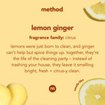 Method lemon ginger fragrance card on a yellow background with citrus graphics and descriptive scent copy