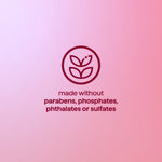 Pink gradient background with icon and text stating product is made without parabens, phosphates, phthalates or sulfates