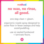 Colorful Method graphic reading "no wax, no rinse, all good." with usage and spray nozzle benefits text