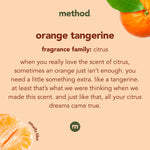 Peach-colored infographic card reading ‘orange tangerine’ with descriptive copy and citrus imagery from Method.